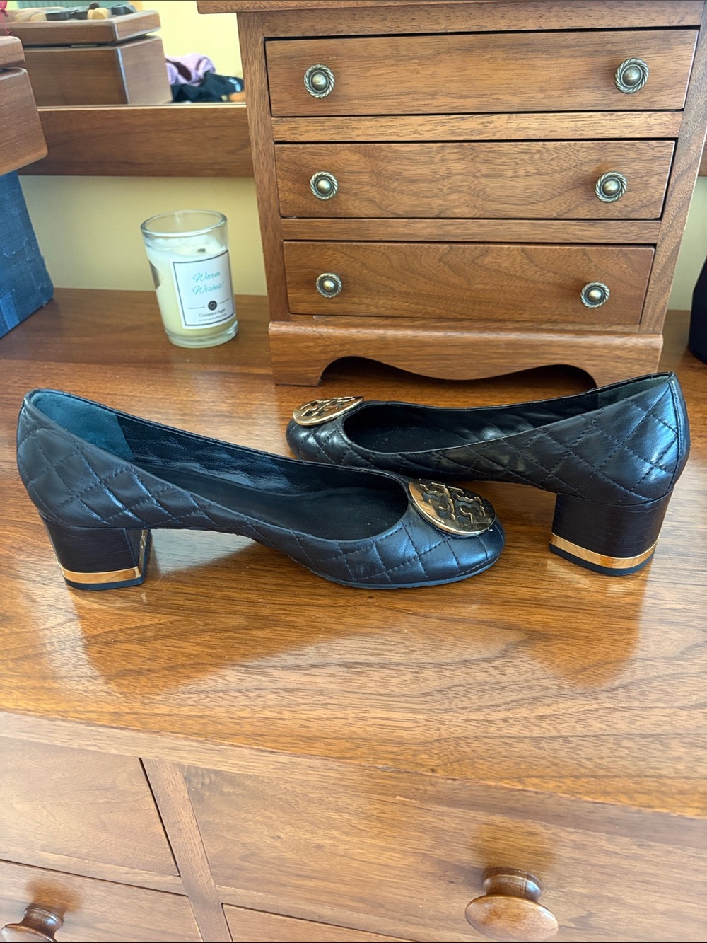 Tory Burch Black Quilted Leather Low Block Heel Pumps with Gold Logo